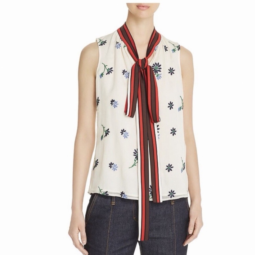 Tory Burch Contrast Bow Sleeveless Blouse.